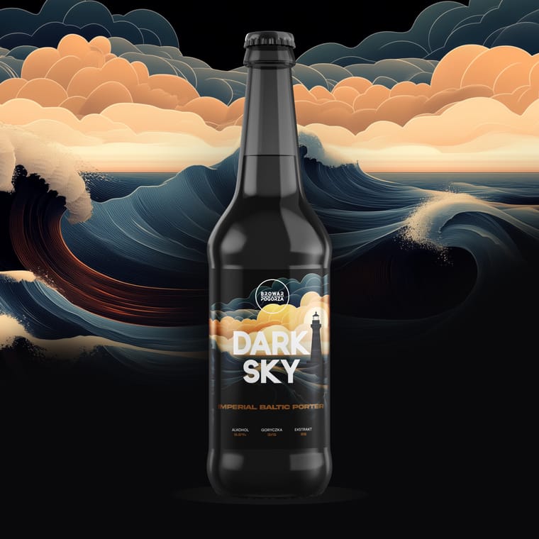 Butelka porteru bałtyckiego Dark Sky na tle grafiki z morskimi falami i latarnią morską