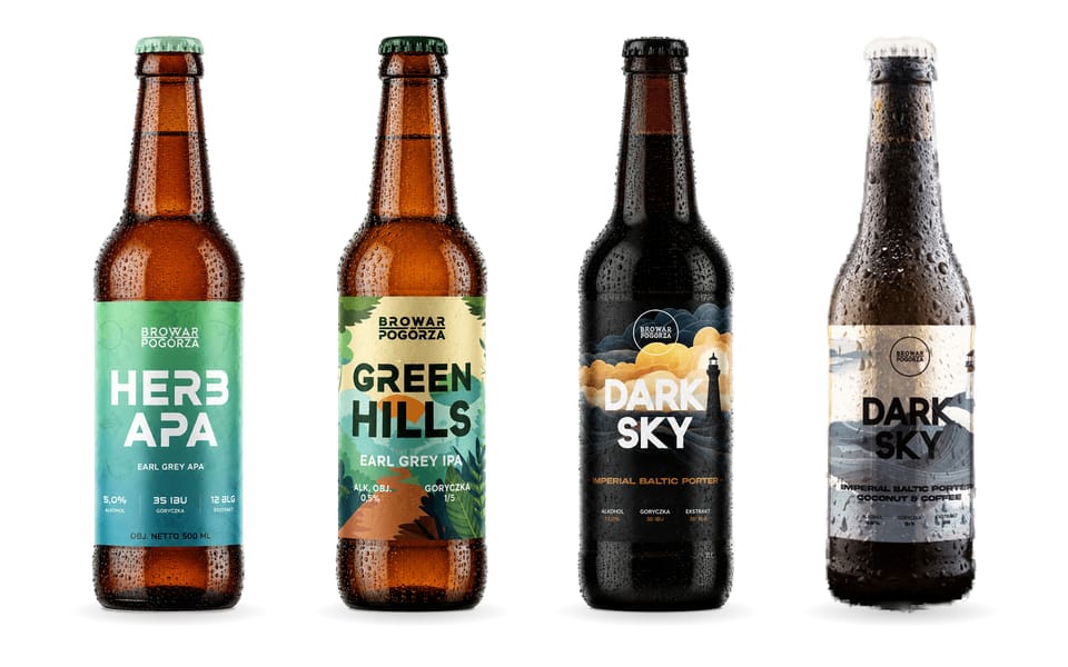 Cztery butelki Browaru Pogórza: Herb APA, Green Hills, Dark Sky i Dark Sky Coconut & Coffee